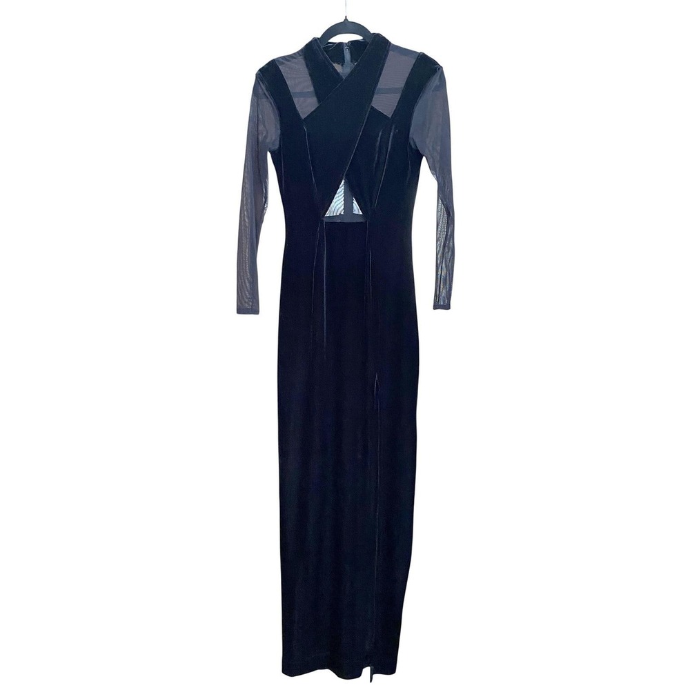 Vintage Tadashi Shoji Velvet Mesh Black Maxi Dress Gown Small Formal Glam Goth